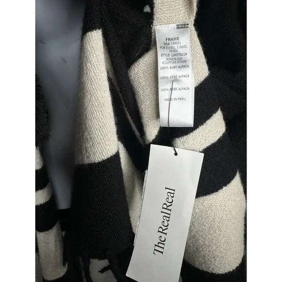 FRAME Baby Alpaca Poncho Block Striped Fringe Black Bone Hooded Cape Cozy Knit - Picture 7 of 10